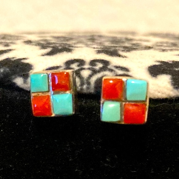 Silver Southwest Style Square 4 Stone Earrings. Turquoise - Picture 1 of 5